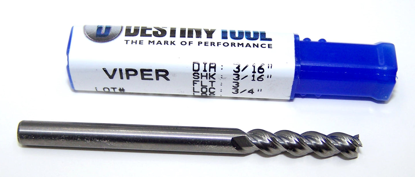 V31212 Destiny Tool 3/16" Carbide 3 Flute End Mill Viper SQ for Aluminum .1875" Diameter .750" Flute 2.5" OAL .188" Shank