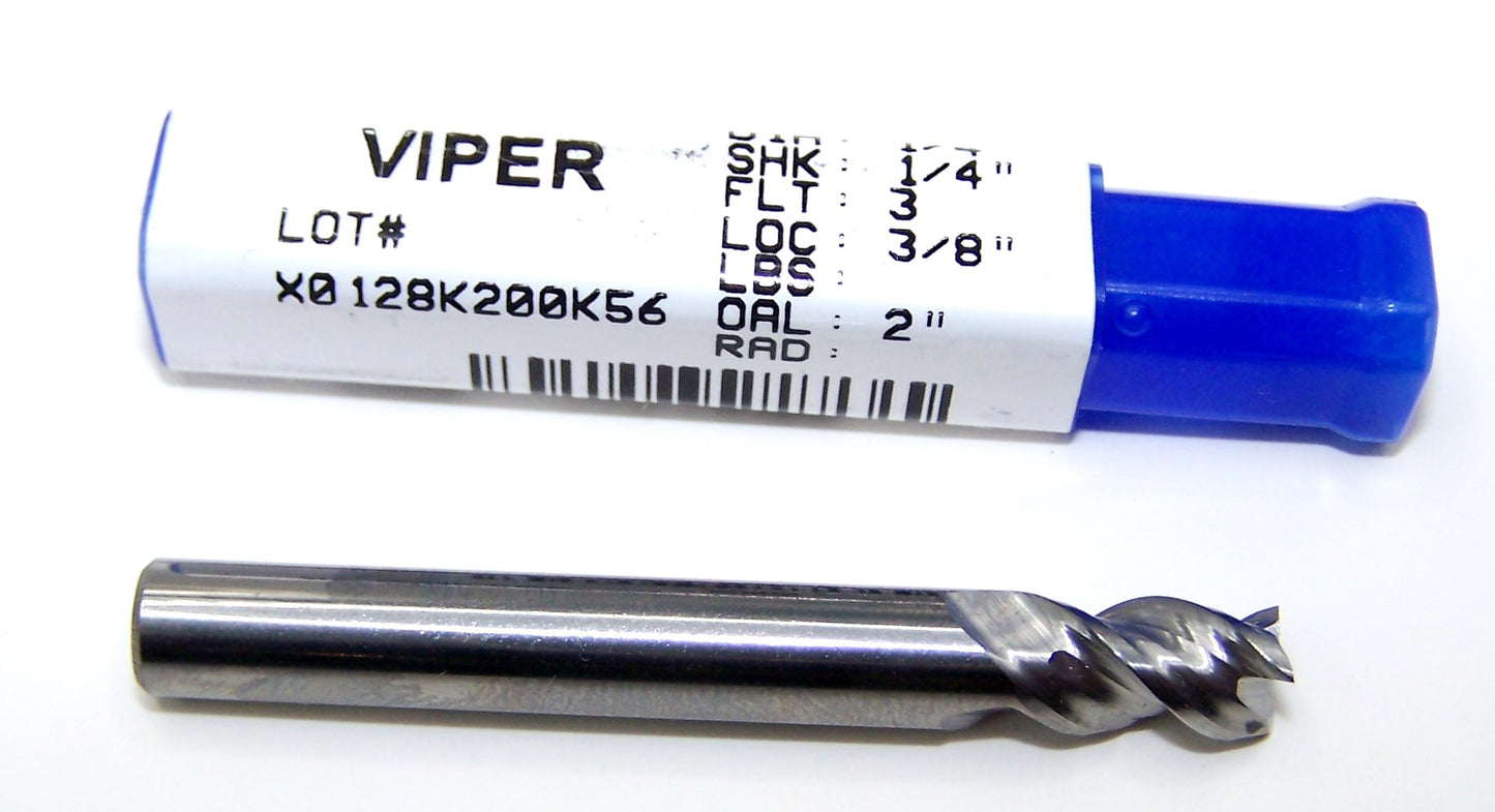 V31606 Destiny Tool 1/4" Carbide 3 Flute End Mill Viper SQ for Aluminum .250" Diameter .375" Flute 2.0" OAL
