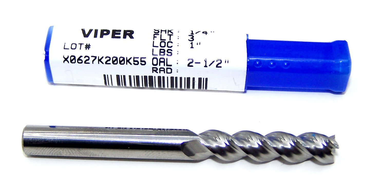 V31616 Destiny Tool 1/4" Carbide 3 Flute End Mill Viper SQ for Aluminum .250" Diameter 1.00" Flute 2.5" OAL