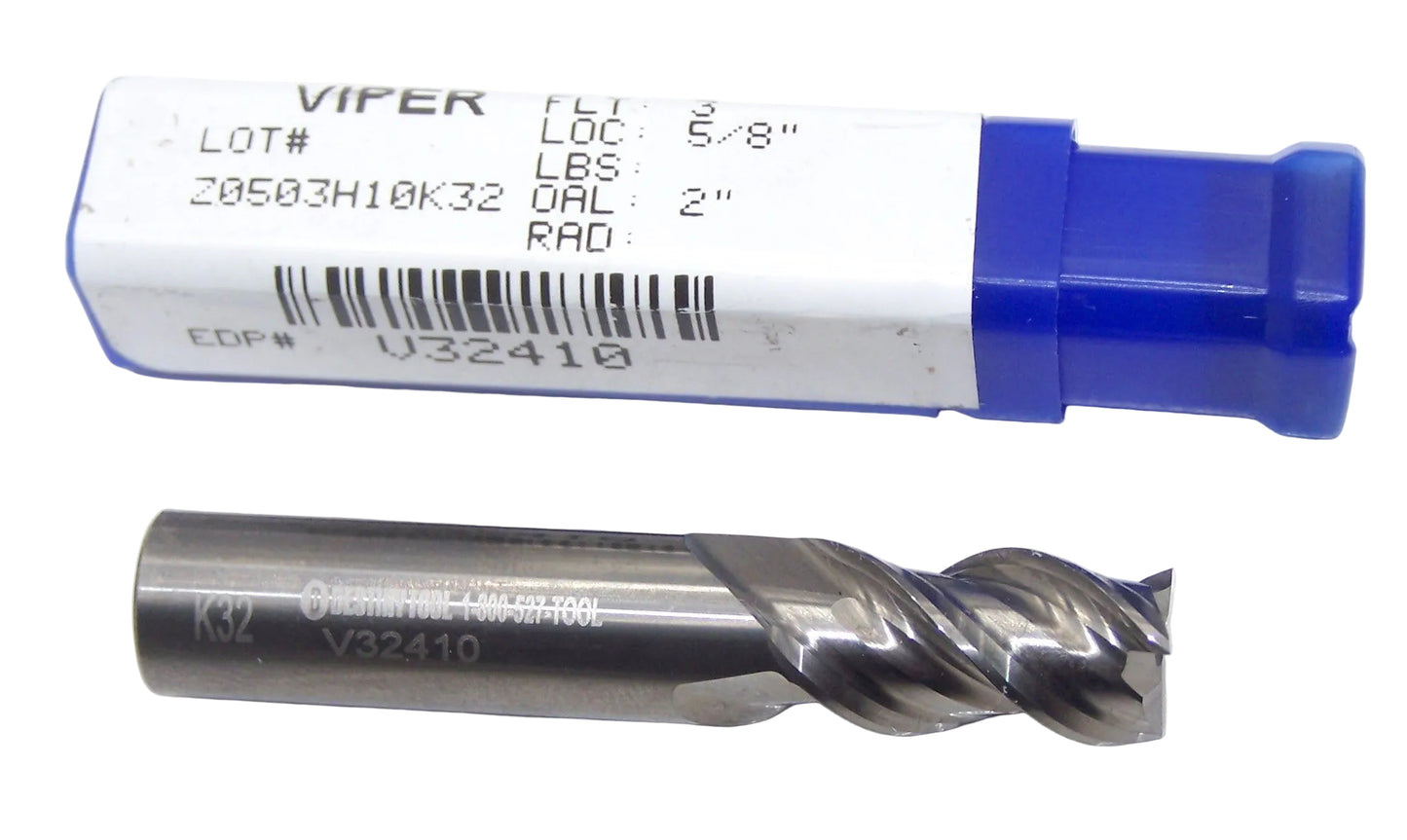 V32410 Destiny Tool 3/8" Carbide 3 Flute End Mill Viper for Aluminum .375" Diameter .625" Flute 2.0" OAL