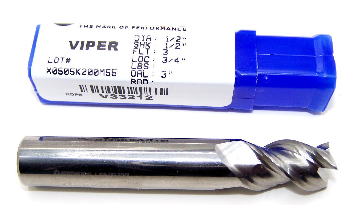 V33212 Destiny Tool 1/2" Carbide 3 Flute End Mill Viper for Aluminum .500" Diameter .750" Flute 3.0" OAL .500" Shank