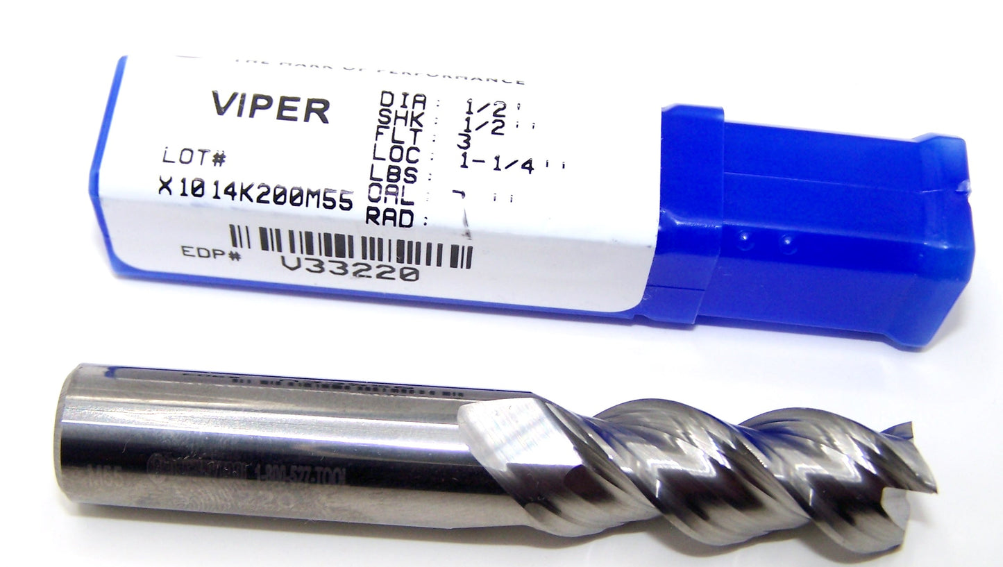 V33220 Destiny Tool 1/2" Carbide 3 Flute End Mill Viper for Aluminum .500" Diameter 1.25" Flute 3.0" OAL .500" Shank