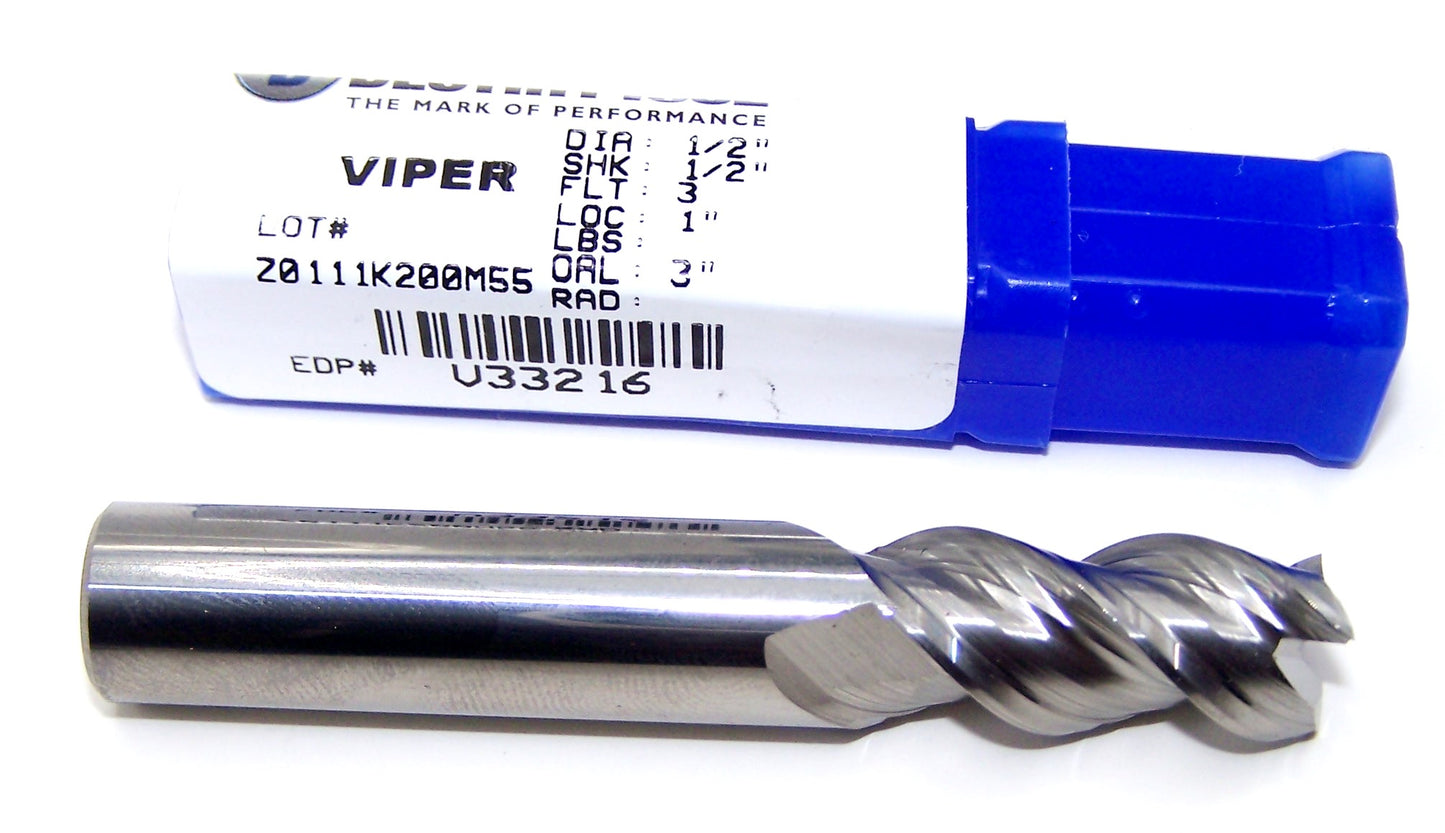 V33216 Destiny Tool 1/2" Carbide 3 Flute End Mill Viper for Aluminum .500" Diameter 1.00" Flute 3.0" OAL .500" Shank