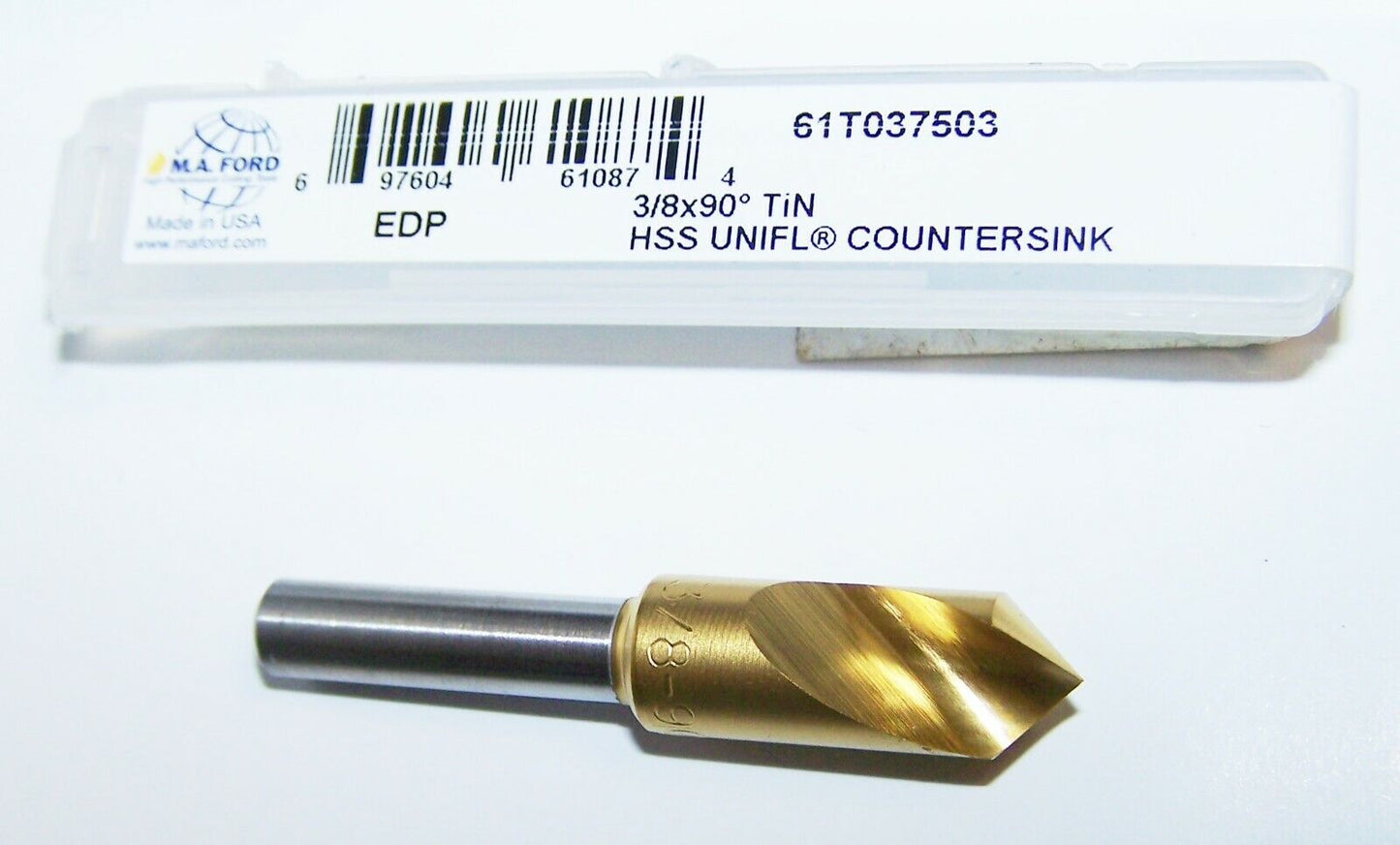61T037503 MAFord 90° Countersink HSS Uniflute TiN .375" Diameter 2.00" Length .250" Shank (61087))
