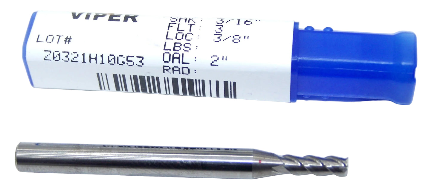 V308060 Destiny Tool 1/8" Carbide 3 Flute End Mill Viper SQ for Aluminum .125" Diameter .375" Flute 2.0" OAL .187 Shank