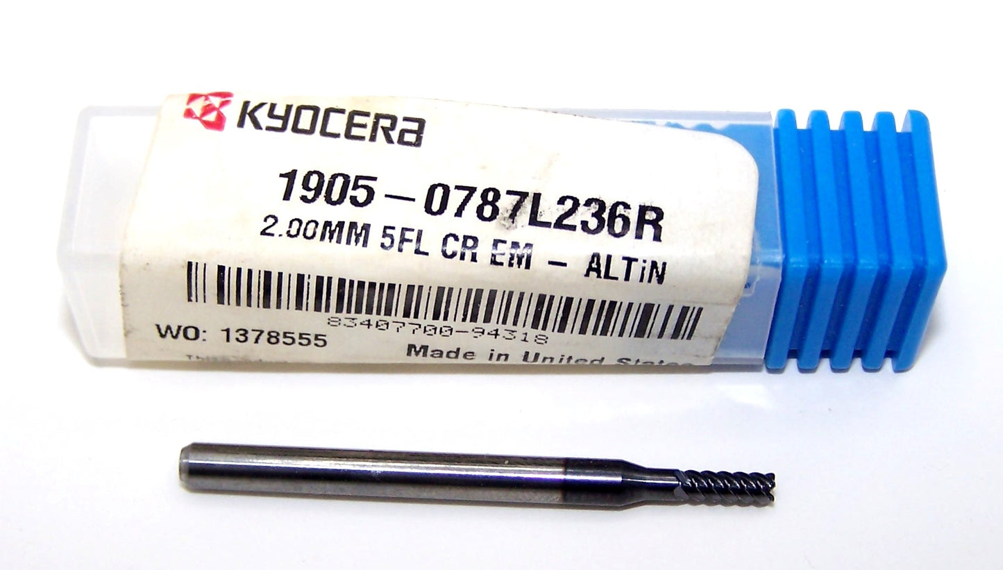 1905-0787L236R Kyocera 2.00mm Carbide 5 Flute End Mill for hard metals AlTiN Coated .0079" Radius .0787" Diameter .236" Flute  1.50" Length .1181" Shank