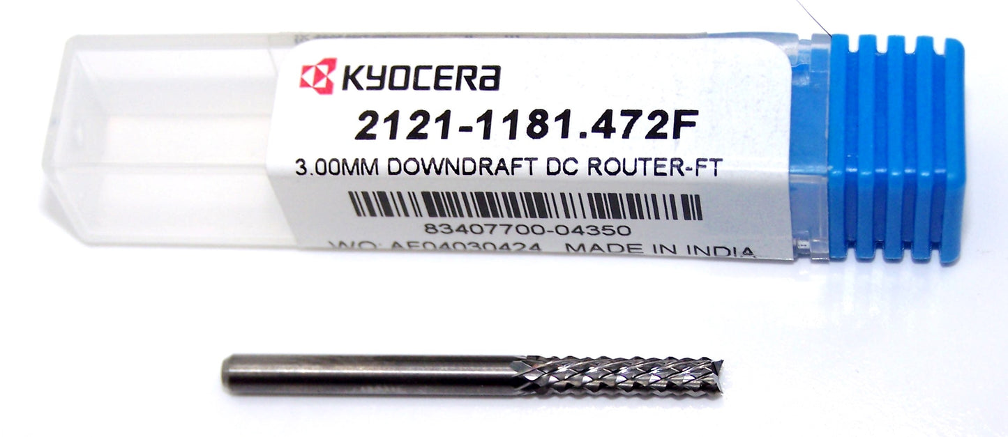 2121-1181.472F Kyocera 3.00mm Carbide Diamond Cut Router Burr Down Cut Fish Tail 0.1181" Diameter 0.472" Flute 1.5" Length 0.1181" Shank