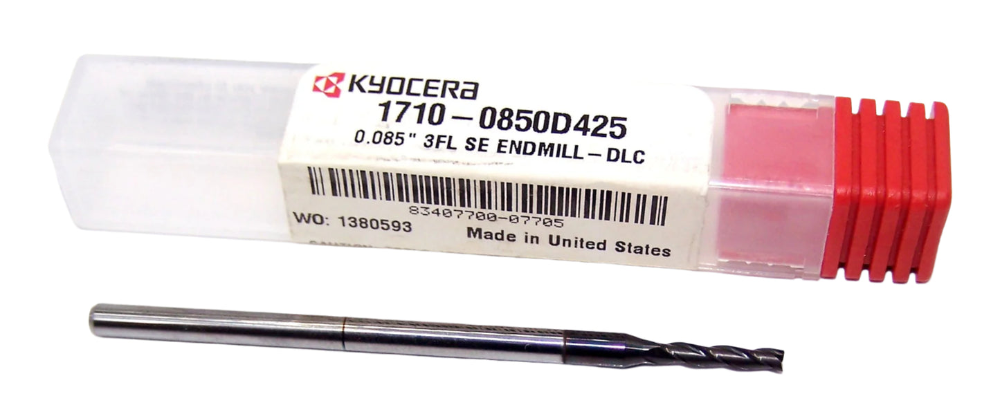 1710-0850D425 Kyocera 0.0850" Carbide 3 Flute End Mill DLC Coated 0.0850" Diameter 0.425" Flute 2.5" Length 0.125" Shank