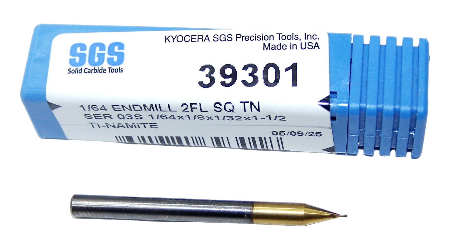 39301 Kyocera SGS 1/64" Carbide End Mill 2 Flute SQ TiN Coated .0156" DIA .031" Flute 1.50 Length .125" Shank