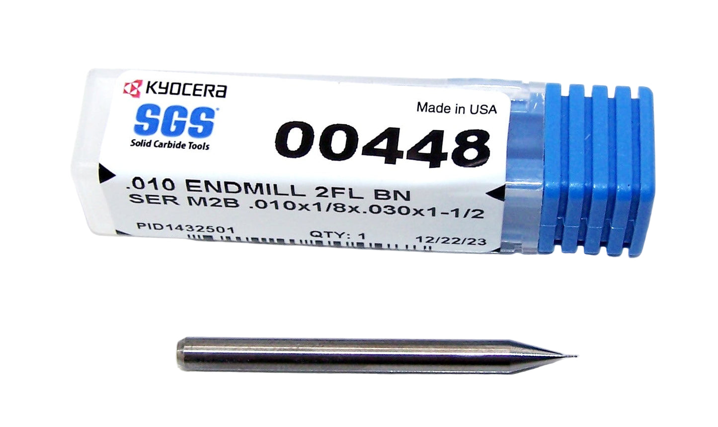 00448 Kyocera SGS .0100" Carbide 2 Flute Ball End Mill .0100" Diameter .030" Flute 1.5" Length .125" Shank