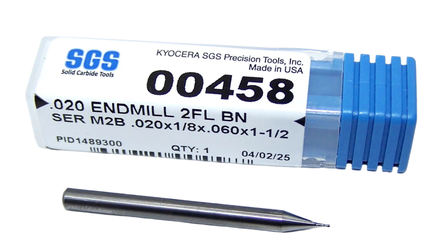 00458 Kyocera SGS .0200" Carbide 2 Flute Ball End Mill .0200" Diameter .060" Flute 1.5" Length .125" Shank