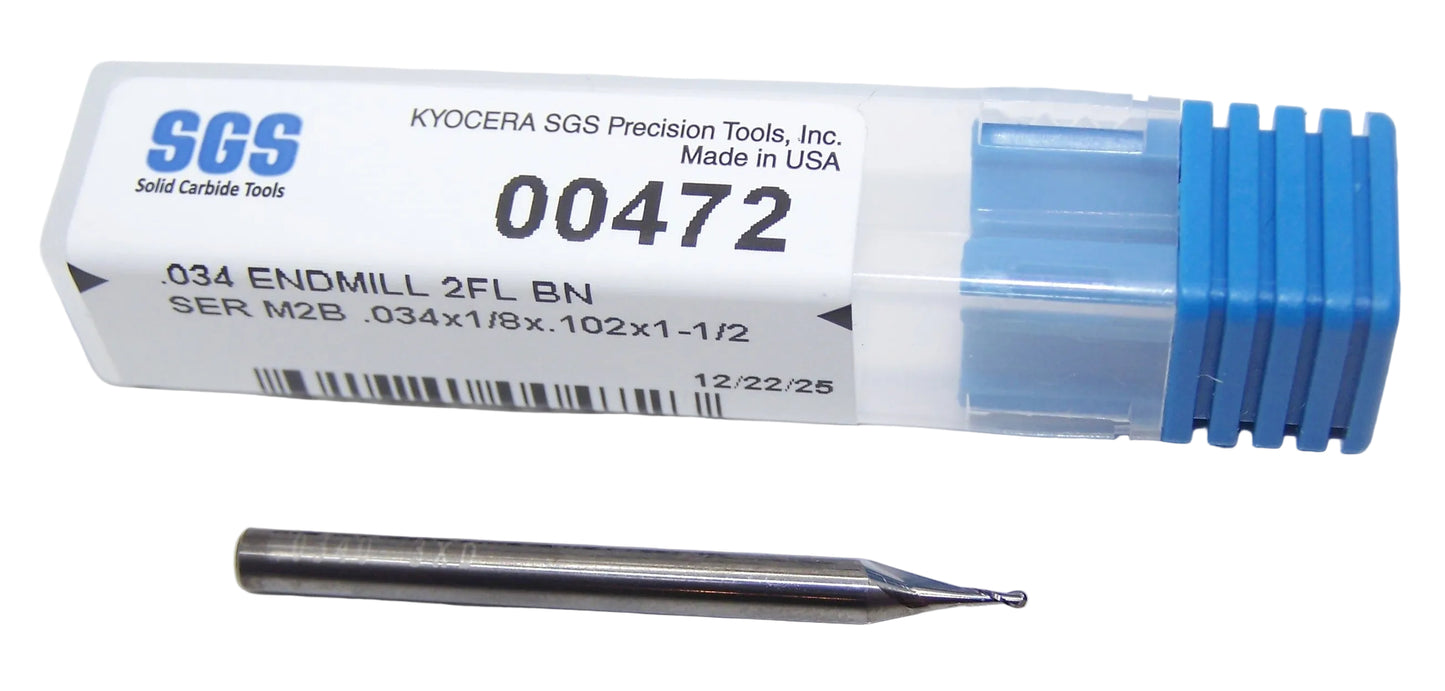 00472 Kyocera SGS .0340" Carbide 2 Flute End Mill Ball End .0340" Diameter .102" Flute 1.50" Length .125" Shank