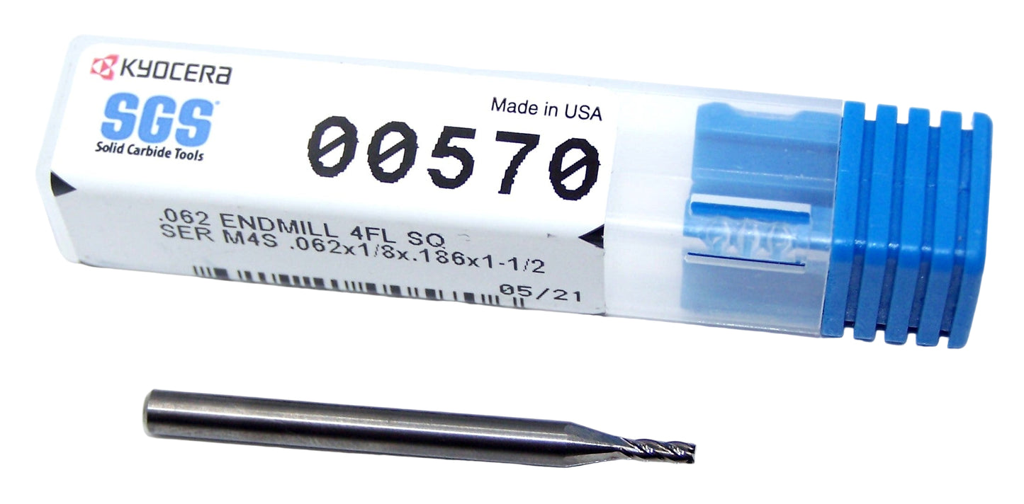 00570 Kyocera SGS 1/16" Carbide 4 Flute End Mill Square 0.0620" Diameter .186" Flute 1.50" Length .125" Shank