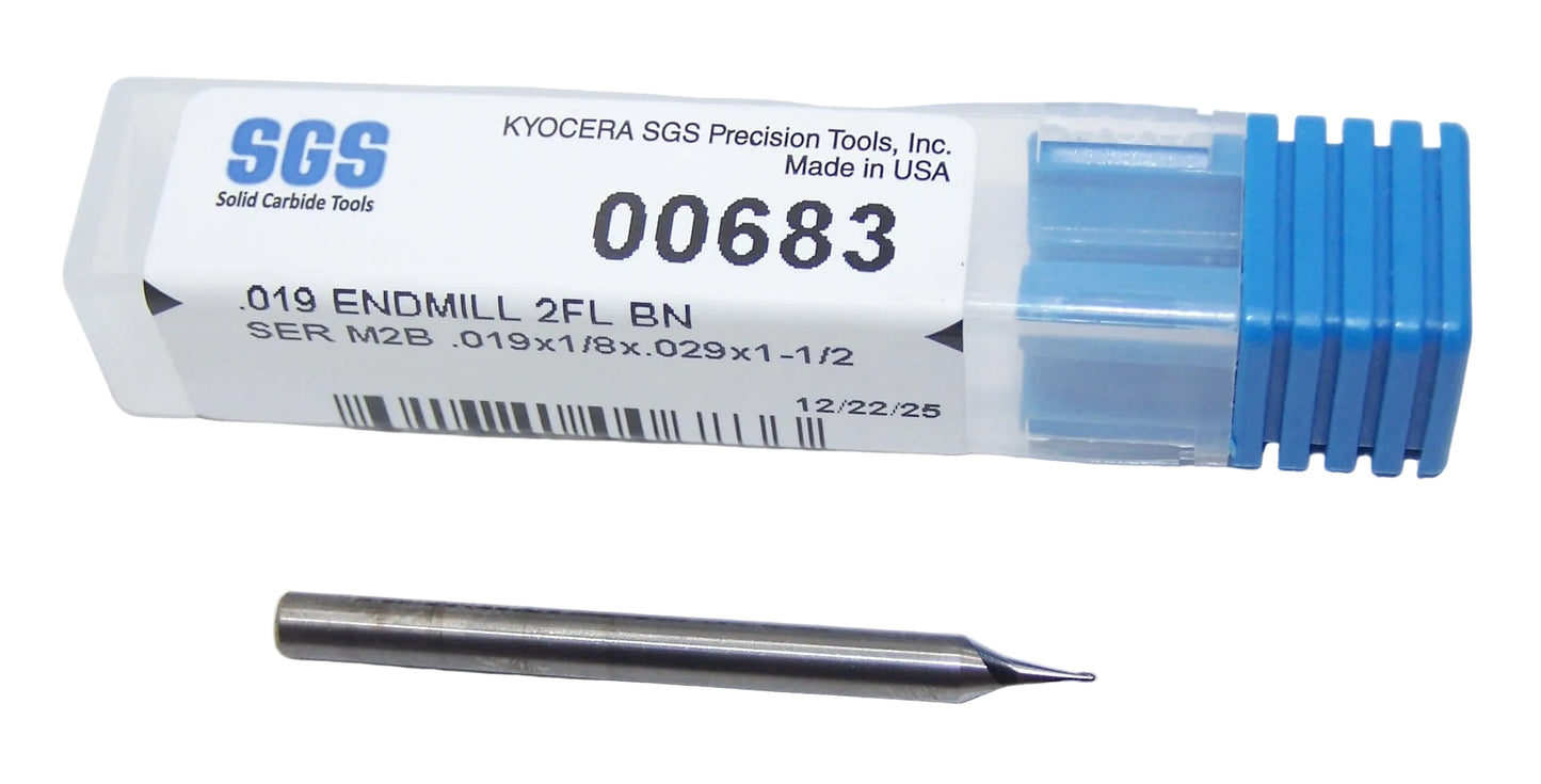 00683 Kyocera SGS .0190" Carbide 2 Flute Ball End Mill .0190" Diameter .029" Flute 1.50" Length .125" Shank