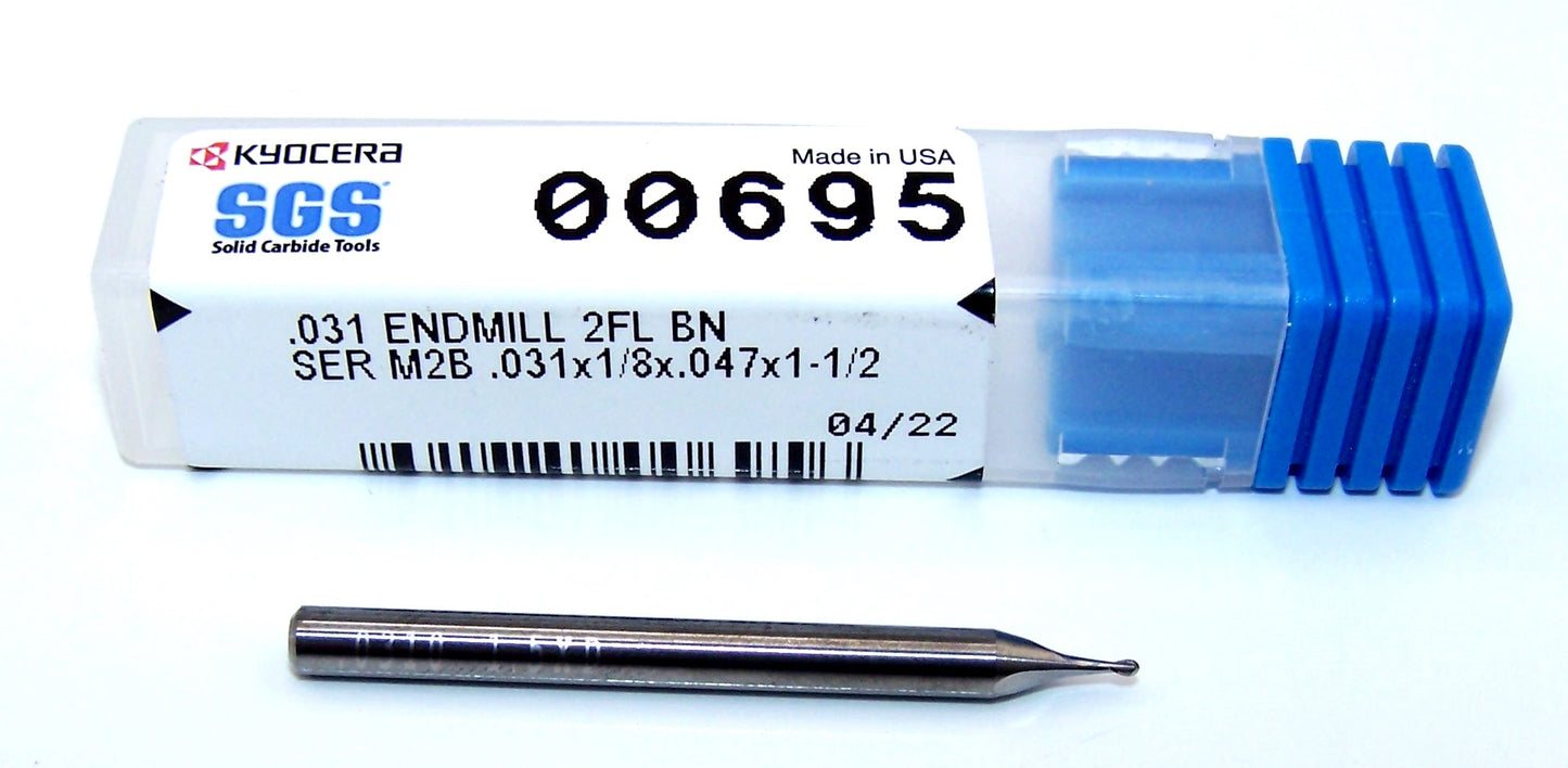 00695 Kyocera SGS 1/32" Carbide End Mill Stub Length Ball End .031" Diameter .047" Flute 1.50" Length .125" Shank