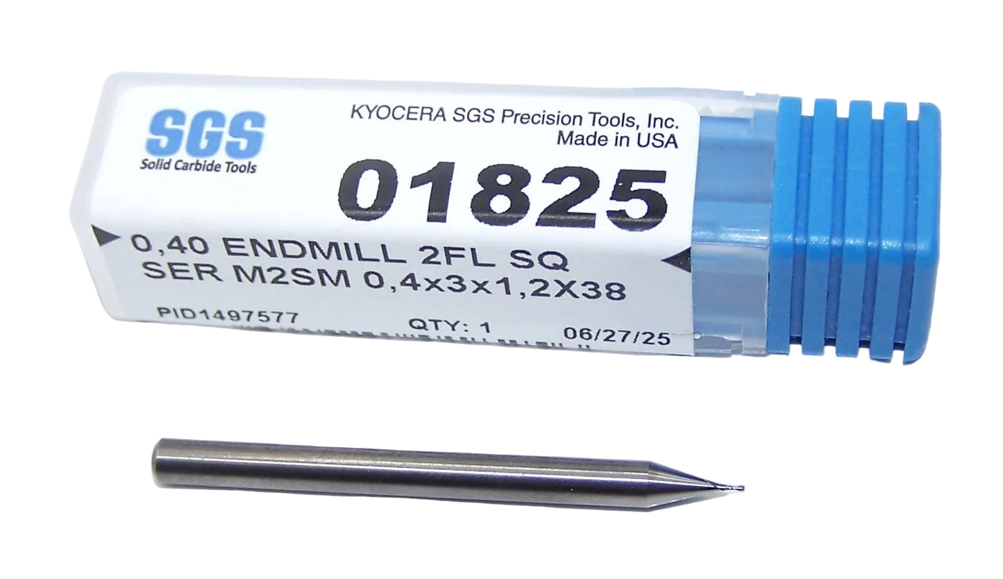 01825 Kyocera SGS 0.40mm Carbide Micro End Mill .0157" Diameter .0472" Flute 1.50" Length .1181" Shank