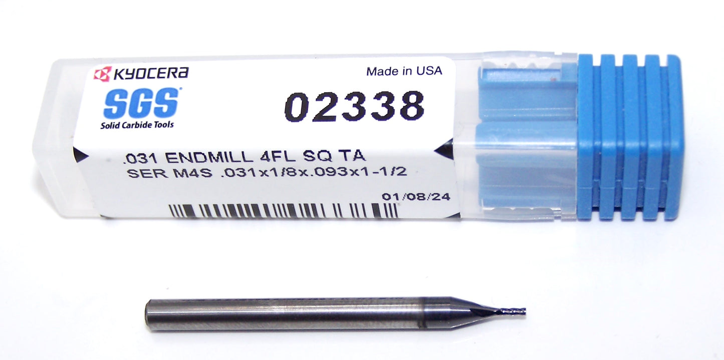 02338 Kyocera SGS 1/32" Carbide 4 Flute End Mill AlTiN Coated .031" Diameter .093" Flute 1.50" Length .125" Shank