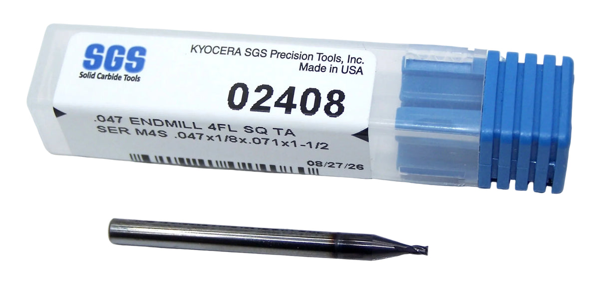 02408 Kyocera SGS 3/64" CARBIDE 4 Flute End Mill AlTiN  .0470" Diameter .071"Flute 1.50" OAL .125" Shank