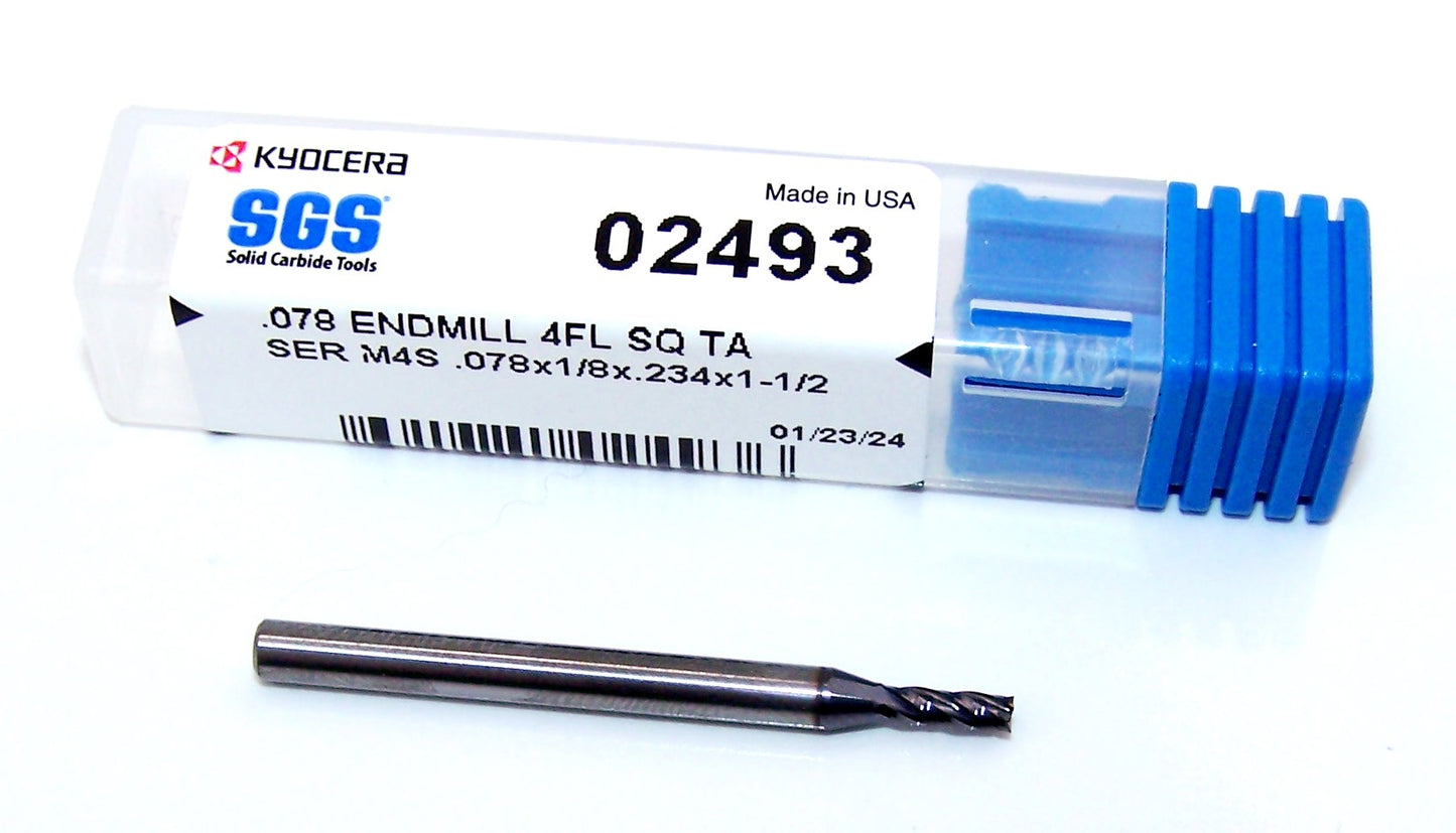 02493 Kyocera SGS 5/64"CARBIDE 4 Flute End Mill AlTiN  .0781" Diameter .234"Flute 1.50" OAL .125" Shank