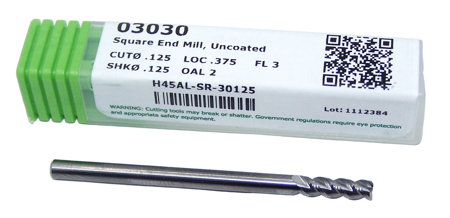 03030 Helical Solutions 1/8" Carbide 3 Flute End Mill 45° Helix for Aluminum Square  .125" Diameter .375" Flute 2.0" Length .125" Shank H45AL-SR-30125