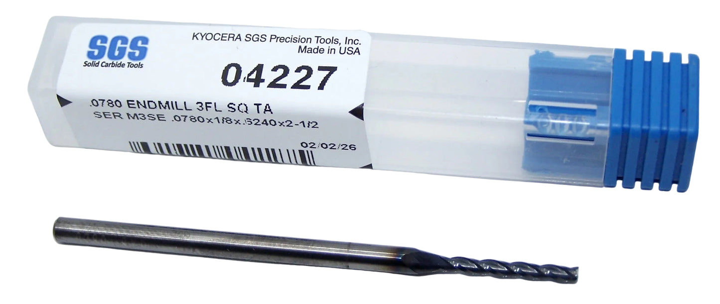 04227 Kyocera SGS 5/64" Carbide 3 Flute End Mill Long Length SQ AlTiN Coated 0.0780" Diameter 0.496" Flute 2.50" Length 0.125" Shank