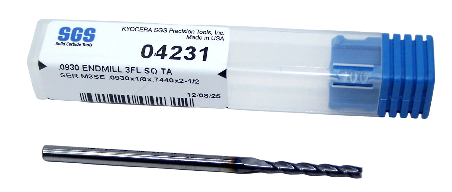 04231 Kyocera SGS 3/32" Carbide 3 Flute End Mill Long Length SQ AlTiN Coated 0.0930 Diameter 0.744" Flute 2.50" Length 0.125" Shank