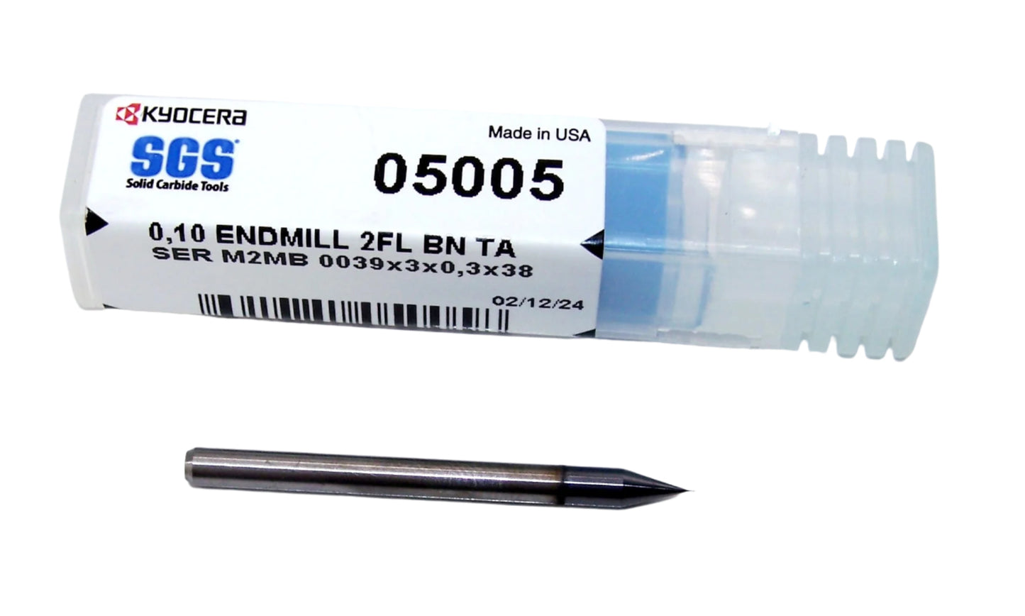 05005 Kyocera SGS 0.10mm Carbide 2 Flute Ball End Mill AlTiN Coated .0039" Diameter .0118" Flute 1.5" Length .125" Shank