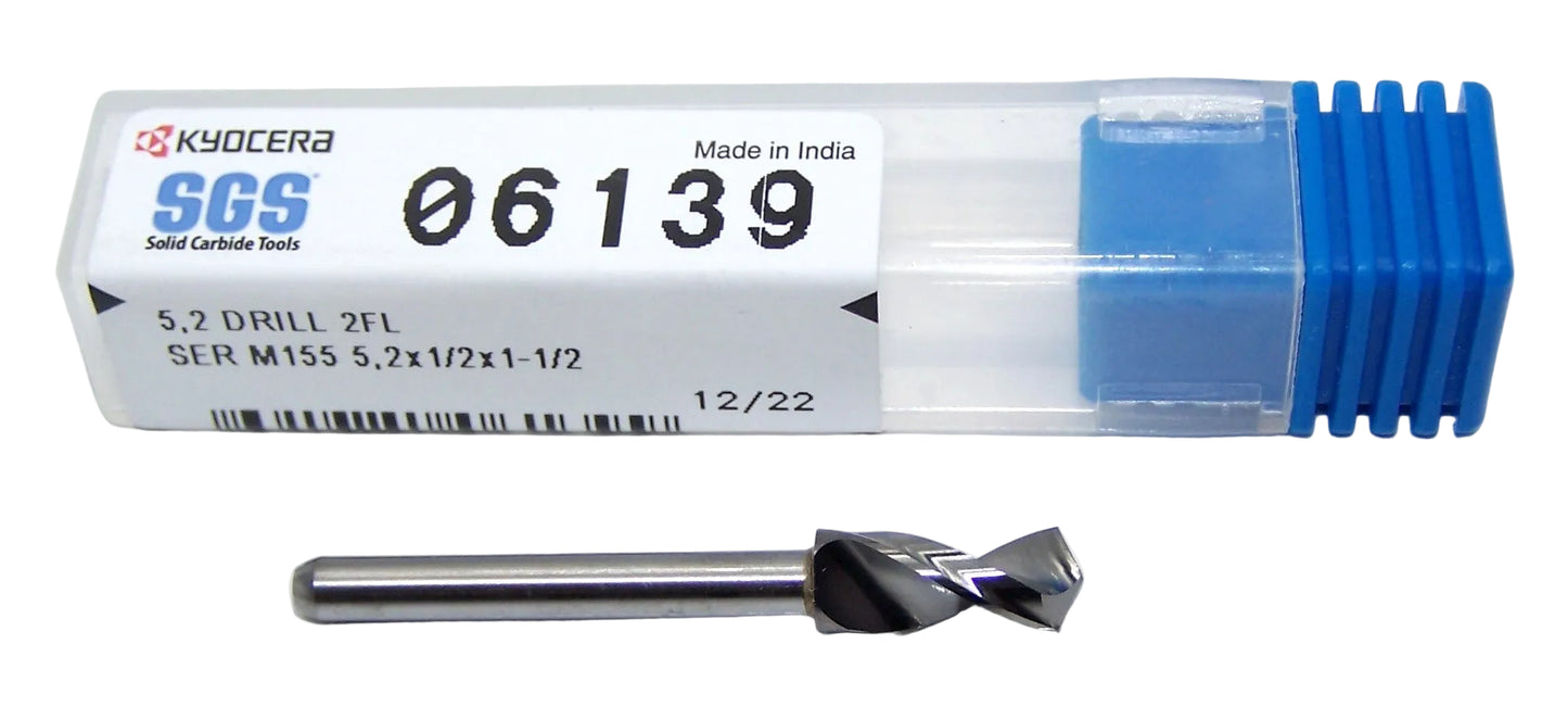 06139 Kyocera SGS 5.20mm Carbide Drill 2 Flute .2047" Diameter .500" Flute 1.50" Length .125" Shank 130° Point