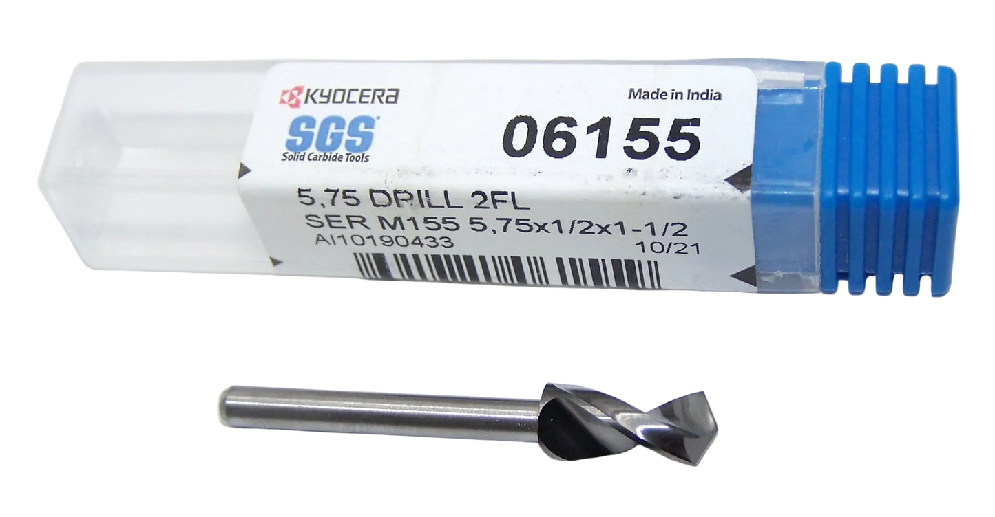 06155 Kyocera SGS 5.75mm Carbide Drill 2 Flute .2264" Diameter .500" Flute 1.50" Length .125" Shank 130° Point