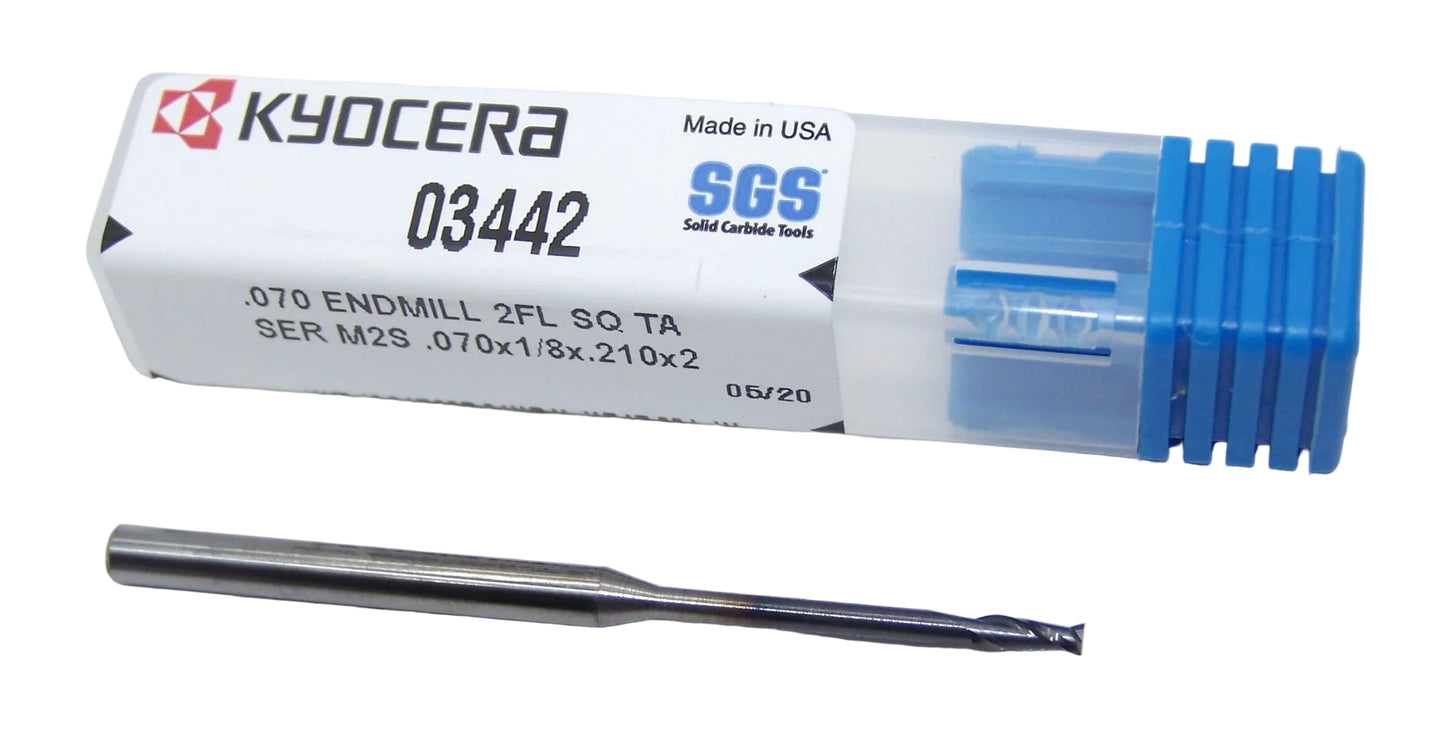 03442 Kyocera SGS .0700" Carbide 2 Flute End Mill SQ .840" Reach AlTiN Coated .0700" Diameter .210" Flute 2.00" Length .125" Shank