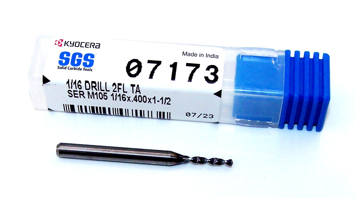 07173 Kyocera SGS 1/16" Carbide Drill 2 FLUTE AlTiN 0.0625" Diameter .400" Flute 1.50" Length .125" Shank 130° Point