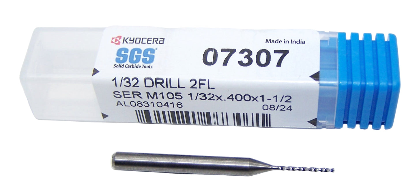07307 Kyocera SGS 1/32" Carbide Drill 2 FLUTE 0.0312" Diameter .400" Flute 1.50" Length .125" Shank 130° Point