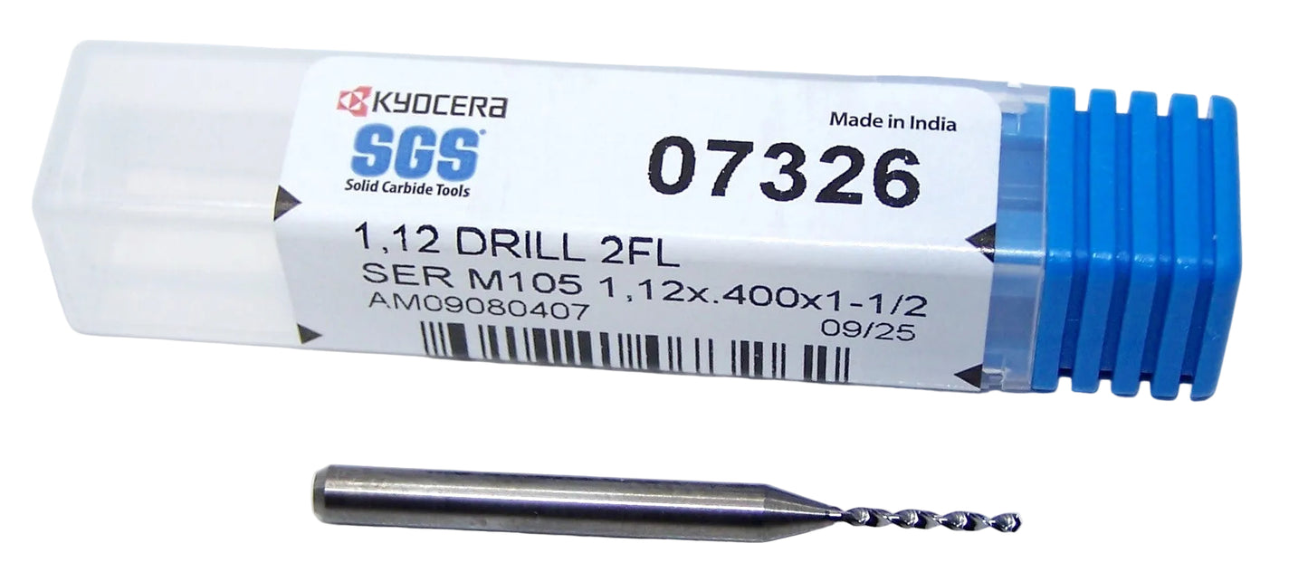 07326 Kyocera SGS 1.12mm Carbide Drill 2 Flute 0.0441" Diameter .400" Flute 1.50" Length .125" Shank 130° Point