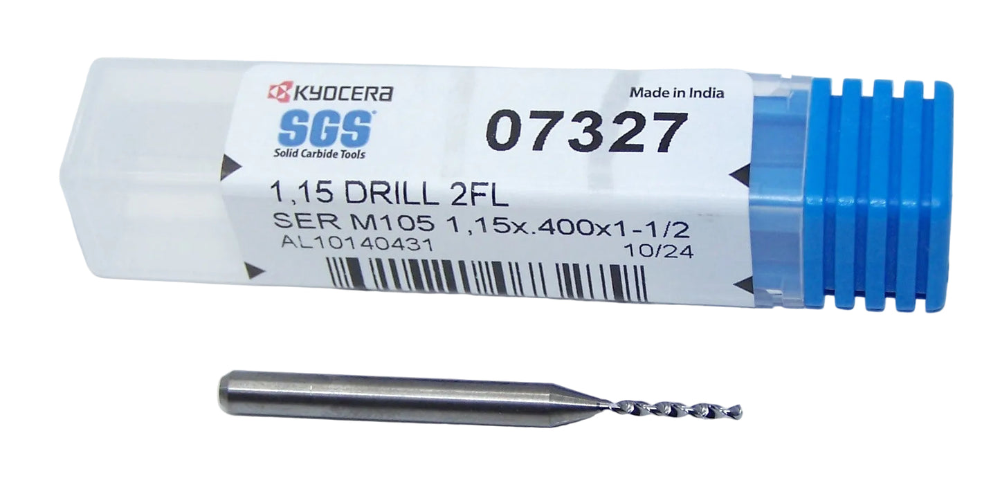 07327 Kyocera SGS 1.15mm Carbide Drill 2 Flute 0.0453" Diameter .400" Flute 1.50" Length .125" Shank 130° Point