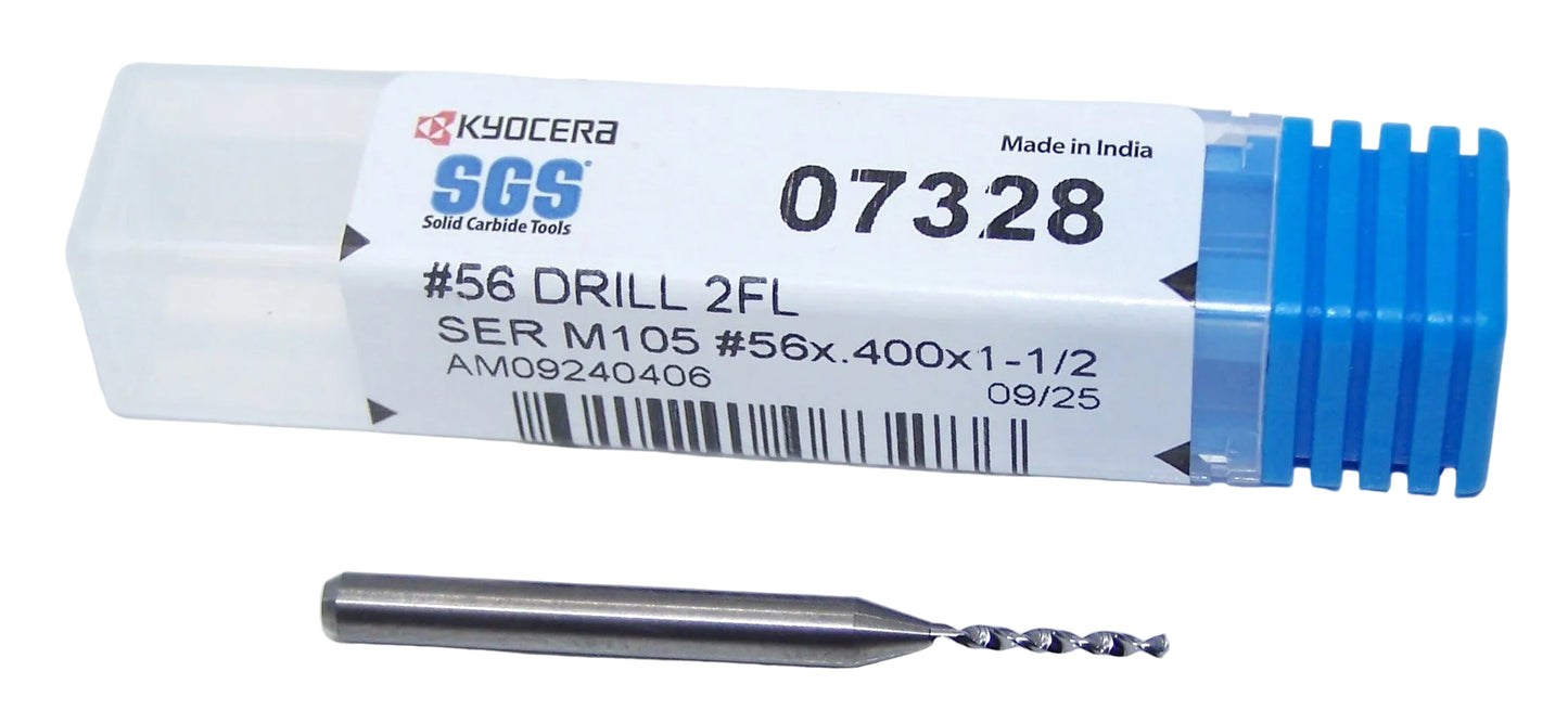 07328 Kyocera SGS #56 Carbide Drill 2 Flute 0.0465" Diameter .400" Flute 1.50" Length .125" Shank 130° Point