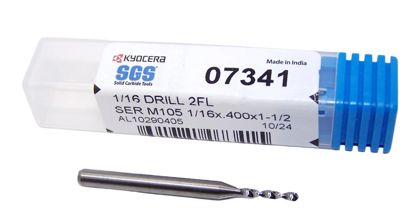 07341 Kyocera SGS 1/16" Carbide Drill 2 FLUTE 0.0625" Diameter .400" Flute 1.50" Length .125" Shank 130° Point