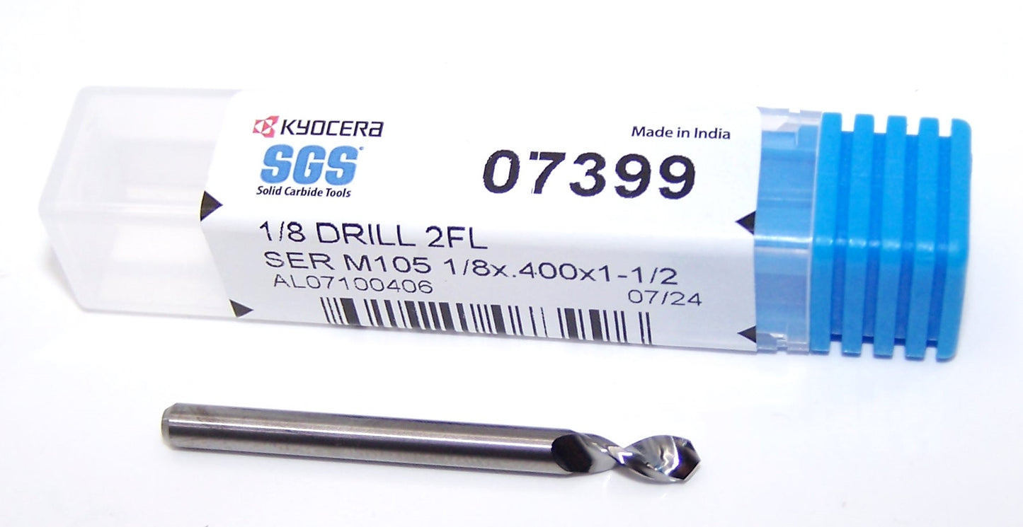 07399 Kyocera SGS 1/8" Carbide Drill 2 FLUTE 0.1250" Diameter .400" Flute 1.50" Length .125" Shank 130° Point