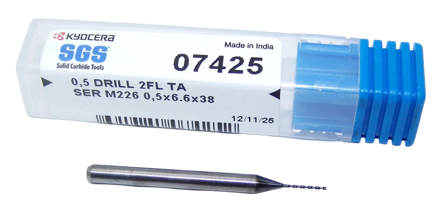 07425 SGS 0.50mm Carbide Drill 2 Flute 0.0197" Diameter .260" Flute 1.50" Length .118 Shank 130° Point M226