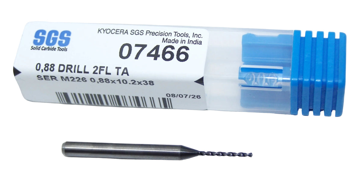 07466 SGS 0.88mm Carbide 2 Flute Drill PCB Type AlTiN Coated 0.0346" Diameter .402" Flute 1.50" Length .118 Shank 130° Point M226