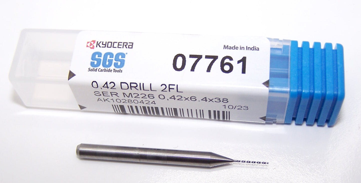 07761 SGS 0.42mm Carbide Drill 2 Flute 0.0165" Diameter .250" Flute 1.50" Length .118 Shank 130° Point M226