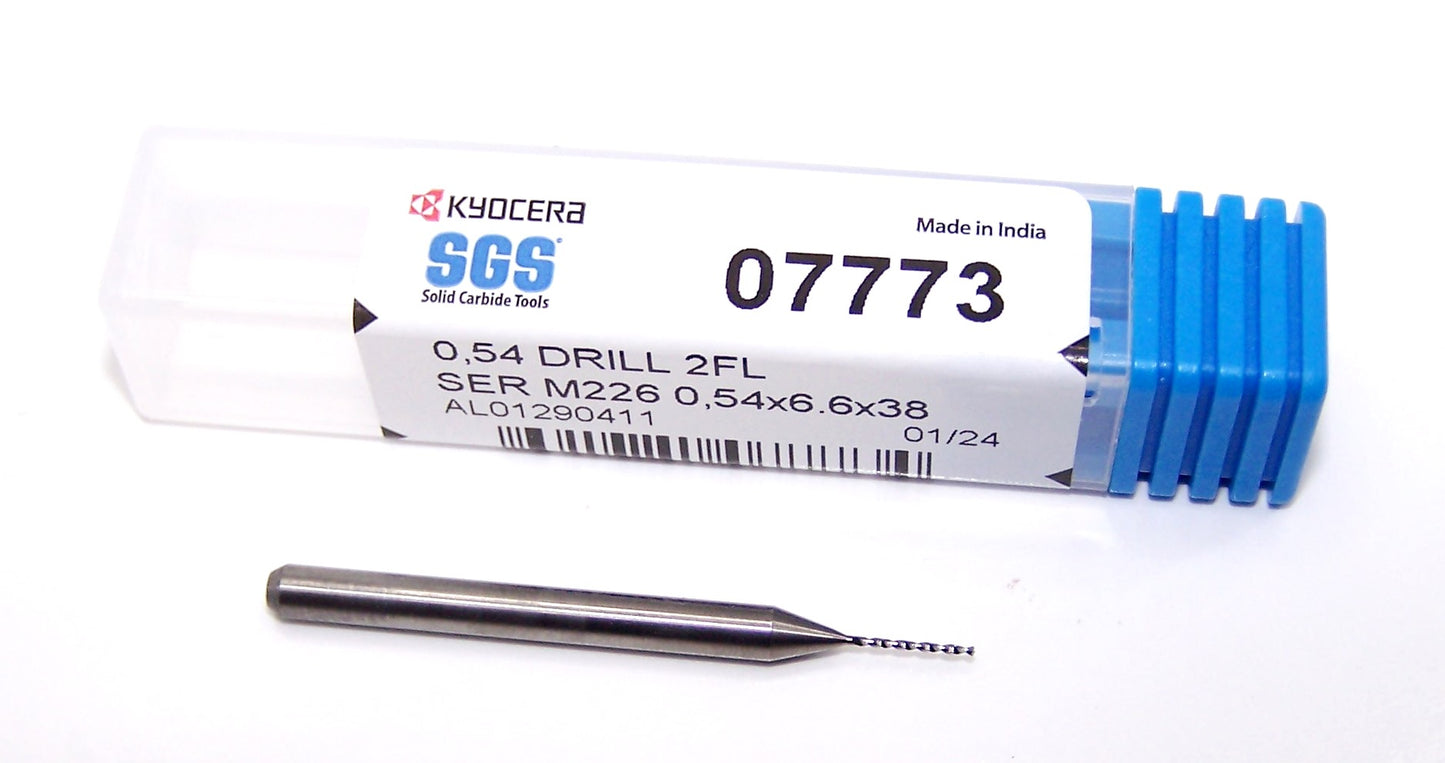 07773 SGS 0.54mm Carbide Drill 2 Flute 0.0213" Diameter .260" Flute 1.50" Length .118 Shank 130° Point M226