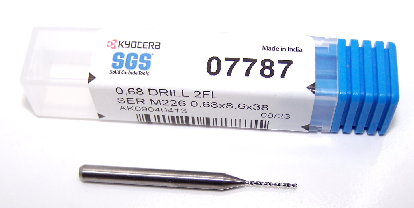 07787 SGS 0.68mm Carbide Drill 2 Flute 0.0268" Diameter .339" Flute 1.50" Length .118 Shank 130° Point M226