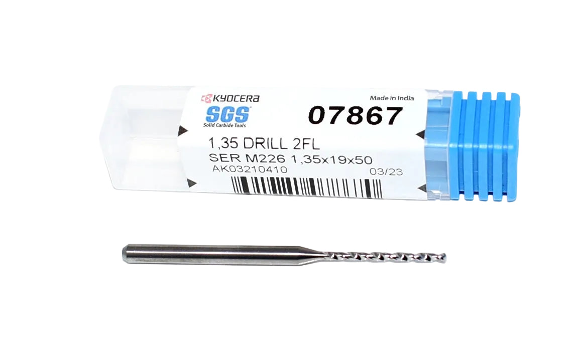 07867 SGS 1.35mm Carbide Drill 2 Flute Long Flute 0.0531" Diameter 0.748" Flute 2.00" Length .118 Shank 130° Point M226