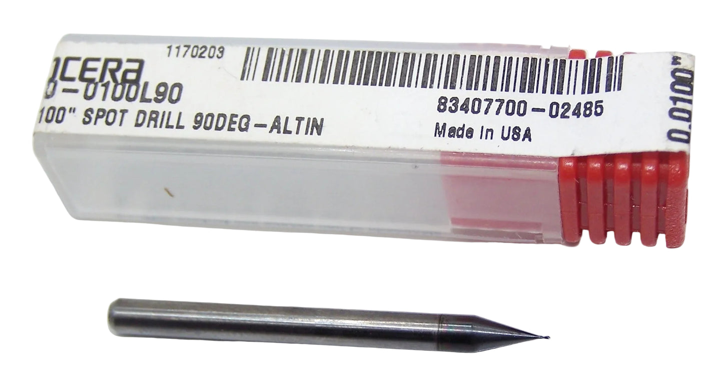 080-0100L90 Kyocera 0.0100" Carbide Drill 2 Flute AlTiN Coated 90° Point Angle 0.0100" Diameter 0.0350" Flute 1.5" Length 0.125" Shank