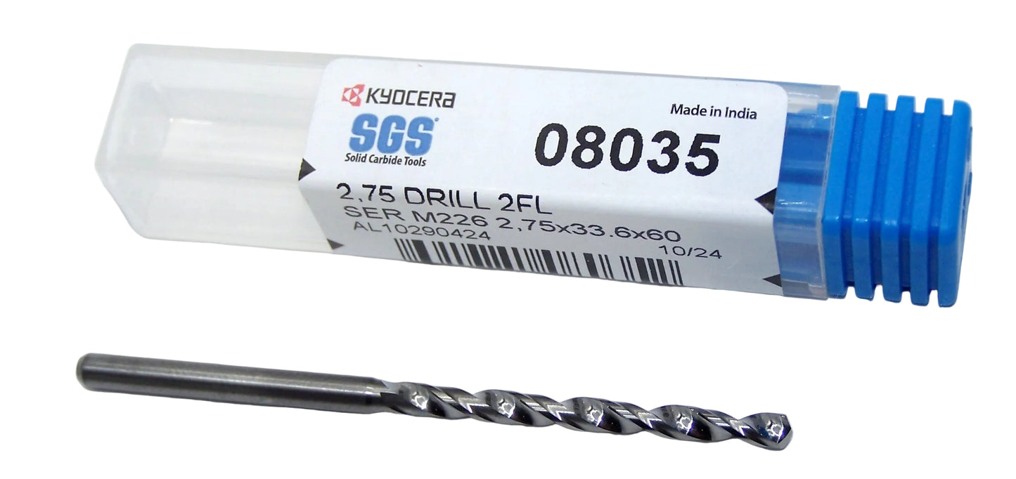 08035 SGS 2.75mm Carbide Drill 2 Flute Long Flute 0.1083" Diameter 1.322" Flute 2.36" Length .118 Shank 130° Point M226