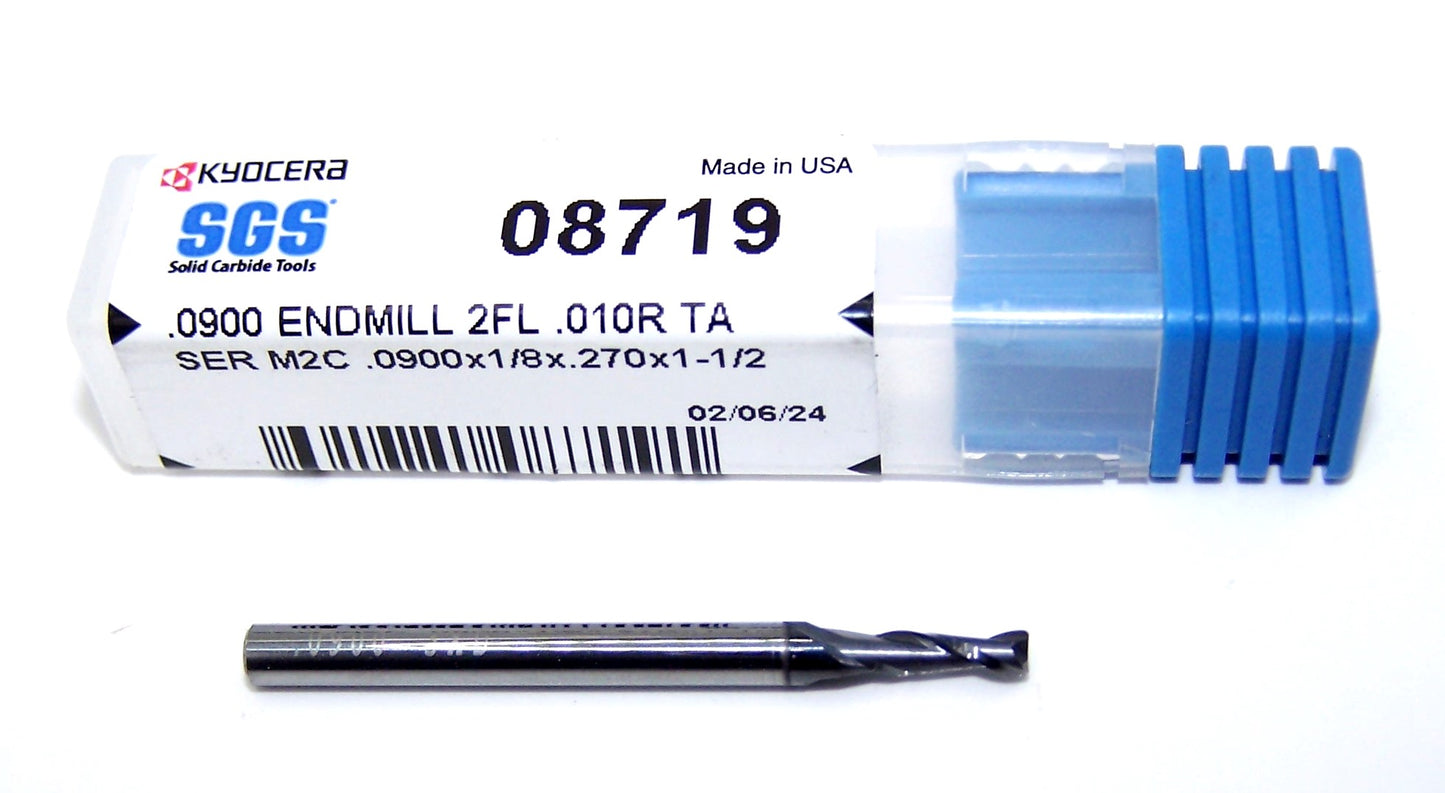 08719 Kyocera SGS .0900" Carbide 2 Flute End Mill .010" Radius .0900" Diameter AlTiN .270" Flute 1.50" Length .125" Shank