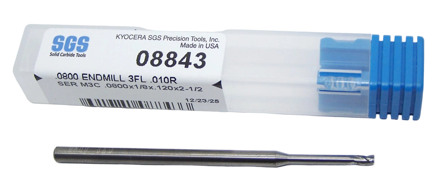 08843 Kyocera SGS 0.0800" Carbide 3 Flute End Mill Extended Reach .010" Radius 0.0800" Diameter 0.120" Flute 2.5" Length 0.125" Shank