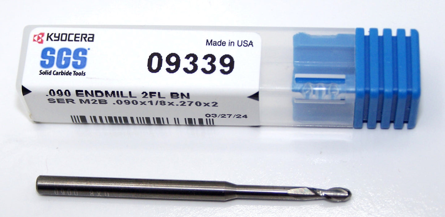 09339 Kyocera SGS 0.0900" Carbide 2 Flute End Mill .720" Extended Reach Ball End 0.0900" Diameter 0.270" Flute 2" Length 0.125" Shank