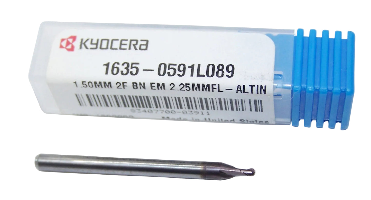 1635-0591L089 Kyocera 1.50mm Carbide 2 Flute End Mill Ball End ALTiN Coated 0.0591" Diameter 0.0890" Flute 1.5" Length 0.1181" Shank