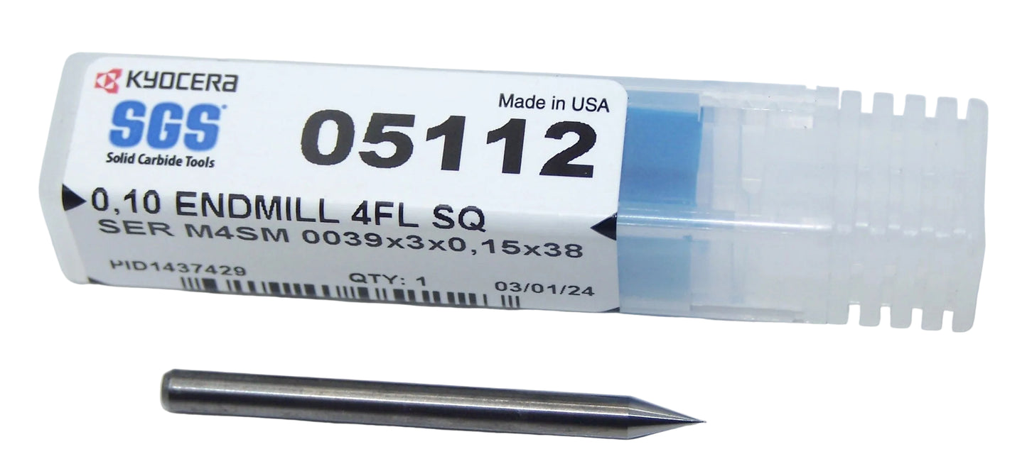 05112 Kyocera SGS 0.10mm Carbide 4 Flute Micro End Mill .0039" Diameter .0059" Flute 1.50" Length .1181" Shank